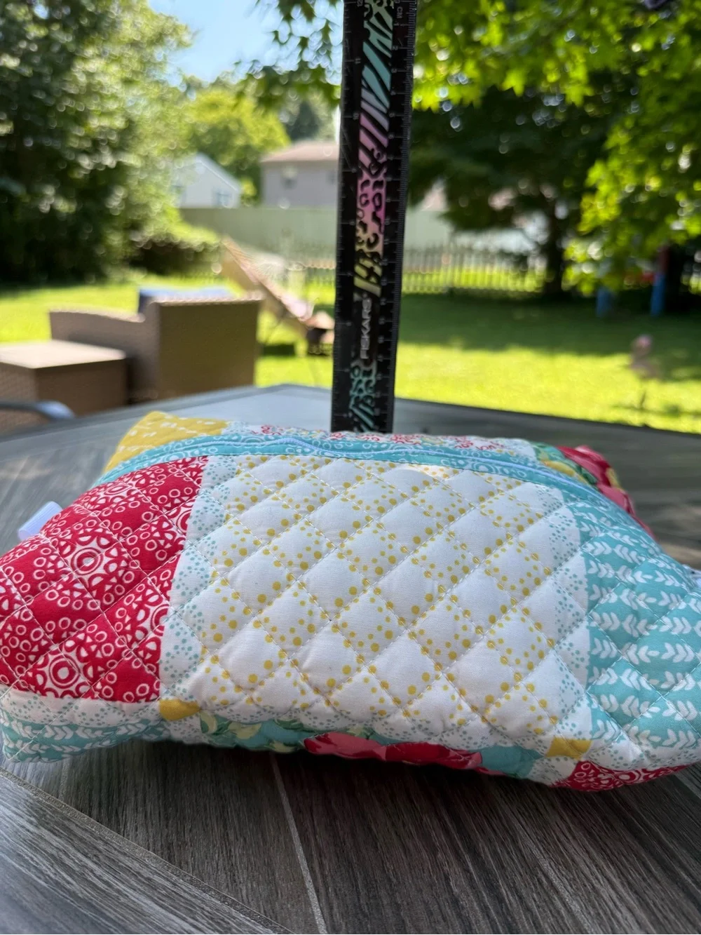 Hand Crafted Quilted Patchwork Zipper Pouch in Aqua, Red, Yellow Cosmetic Bag